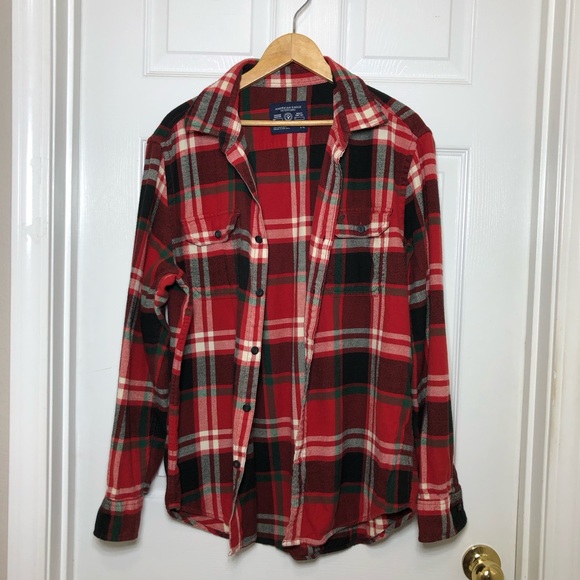 AEO Cotton Button Down Flannel Red Green Black Ivory Plaid Athletic Fit Shirt L - Picture 2 of 13